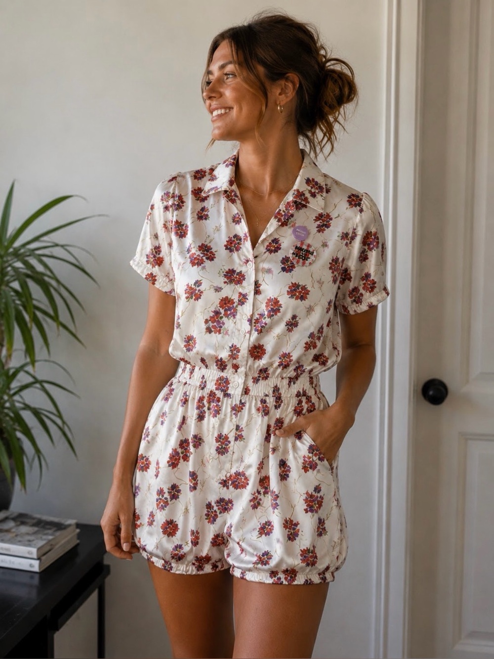 NWT Fiorucci Floral Button-Up Romper Playsuit White Red Purple Euro 44 IT 44